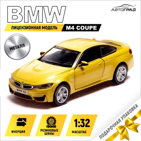 Metal machine BMW M4 Coupe, 1:32, inertia, doors open, yellow color