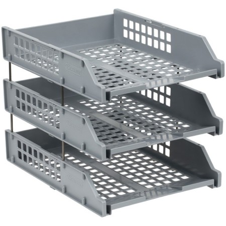 A set of horizontal paper trays, Strong 3 pieces, on metal rods, gray-1