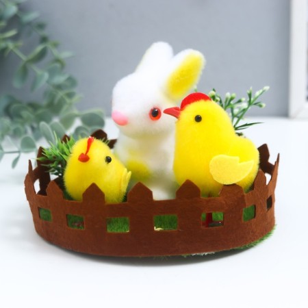 Easter souvenir "Rabbit and two chicken on the lawn with flowers" 14x14x10.5 cm-2