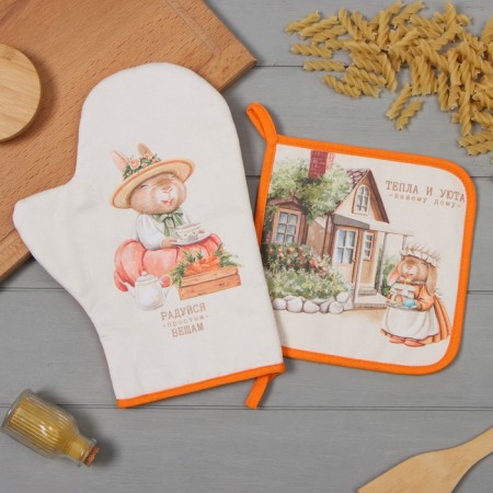 Set of kitchen. Ethel "Rabbits" mittens-seging 20x28cm, 19x19cm wax, 100% HL