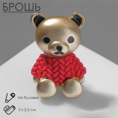 Brooch "Bear" in a sweater, red color in matte gold