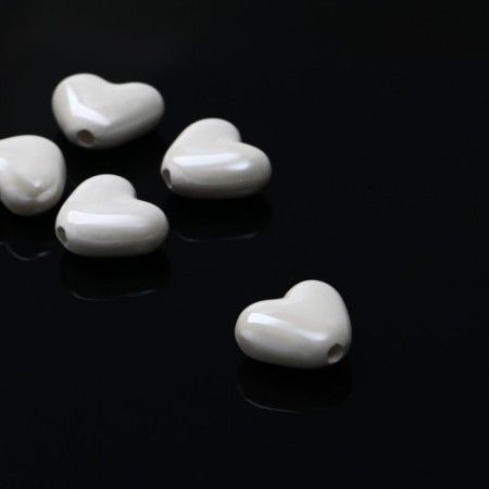 Ceramic “heart” beads is pearl, 1.5 × 1.7 × 0.5 cm, (set of 5 pcs.), White color