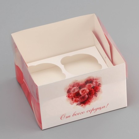 Box for 4 cupcake with a transparent lid, "hearts", 16 × 16 × 10 cm, confectionery packaging-1