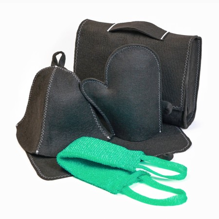 Set for baths and saunas 5 in 1 (bag, hat, mittens, rug, washcloth), black-10