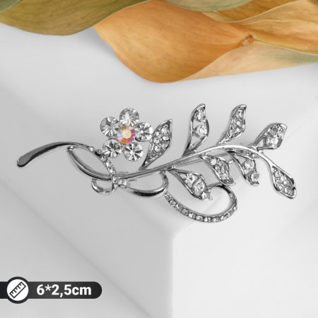 Brooch "Branch" with a flower, white color in silver