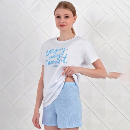 Female homemade set (T -shirt/shorts), white/blue color, size 42-1