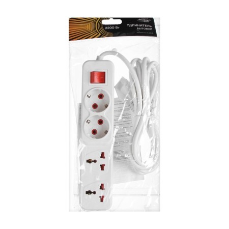 Extension cord Luazon Lighting, 2 euros+2 univ., 3 m, 2200 W, 2x0.5 mm2, with off., White-3