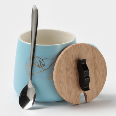 Ceramic mug with a spoon "Mr.", 380 ml, blue color-1