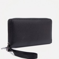 Male purse with zipper, department for bills, for maps, for coins, black color