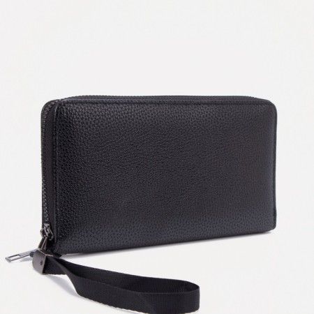 Male purse with zipper, department for bills, for maps, for coins, black color