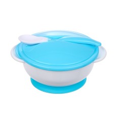 A set of children's dishes, 3 objects: a plate on a suction cup, cover, spoon, blue color