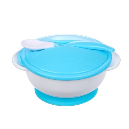 A set of children's dishes, 3 objects: a plate on a suction cup, cover, spoon, blue color