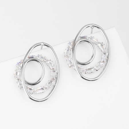 Earrings with rhinestones "Bloom" triple circle, white in silver-1