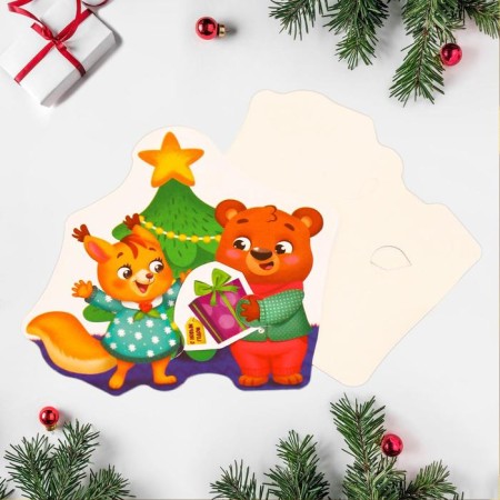 Congratulatory card "Happy New Year!" Bear and Squirrel, 9 x 9 cm, New Year