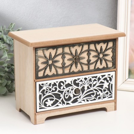 Casket wood chest of drawers 2 boxes "Flower patterns" beige-white 24x13.5x19 cm