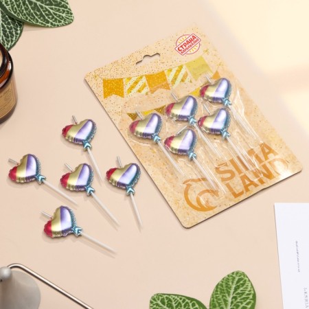 Set of candles for the cake, 5 pcs "Air ball. Hearts", multi -colored-1
