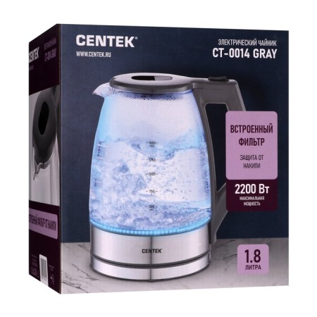 Electric kettle Centek CT-0014, glass, 1.8 l, 2200 watts, silver-gray-2