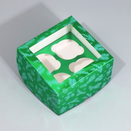 Folding box for 4 cupcakes with the Vetochka window, 16 x 16 x 10 cm, New Year-1