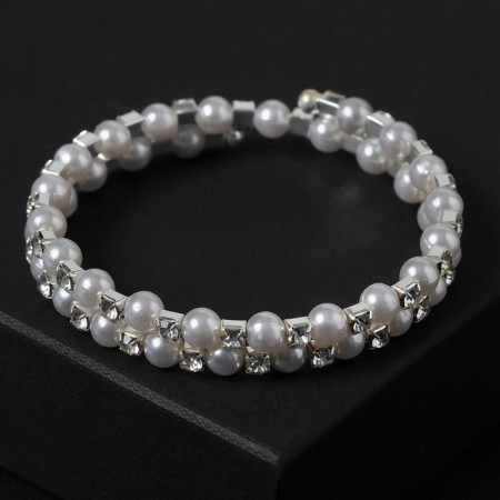 Bracelet-spring "Pearl row" Medium beads in 2 rows, D = 6.5, white color in silver-1