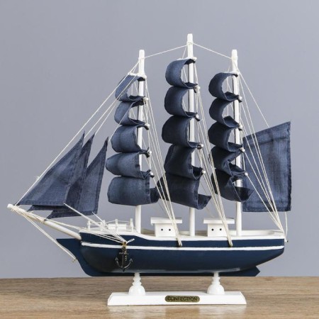 The ship souvenir medium "Kalev", the sides are blue with a white strip, the sails are blue, 30x7x32 cm