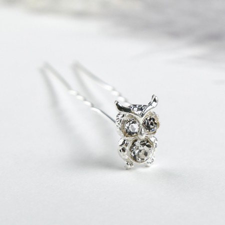 Hair hairpin "owl" rhinestones, silver
