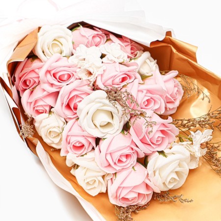 Bouquet of soap pink and white roses in a box of 20 pcs-5
