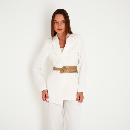 Women's belt, width 7.5 cm, metal buckle, beige color-1