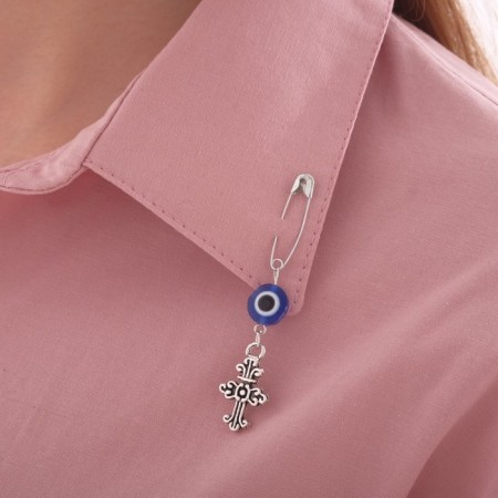 Pin-shaped pins “Protection from the evil eye”, cross, 2.2 cm, white-blue color in silver-5