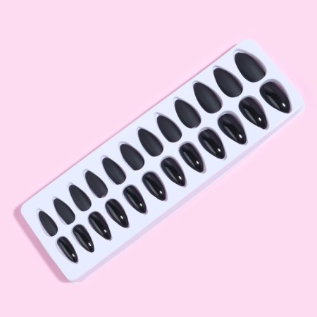 Falbled nails, 24 pcs, with adhesive plates, the shape of the almonds, matte/glossy, black color-5