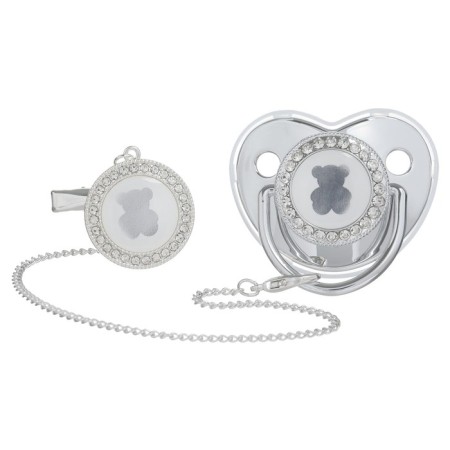 Set: Nipple - Orthodontic dummy with the holder "Bear", with a cap, from 6 months, silver, rhinestones-6