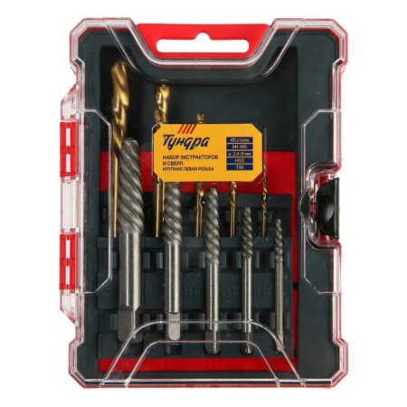 A set of extractors and tundra drills, large left thread, 45 steel M1-M5, D = 2.4-8 mm HSS, TIN-5