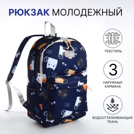 School backpack from textiles on lightning, 3 pockets, blue color