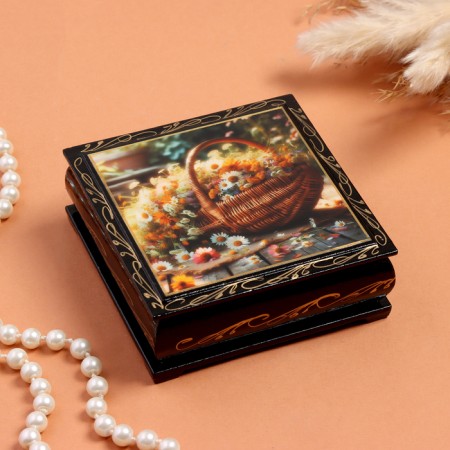 Casket "Field flowers in the basket", black, 10x10 cm, lacquer miniature