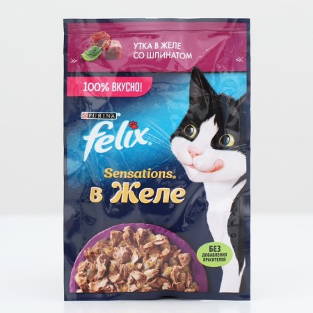 Wet feed Felix Sensations for cats, duck/spinach in jelly, 75 g