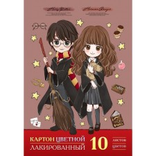 Картон цветной А4, 10 листов, 10 цветов "Гарри Поттер" мелованный, односторонний 230г/м², лакированный, в папке