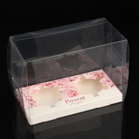 Capcake box, confectionery packaging, 2 cells "Pink flowers", 16 x 8 x 11.5 cm