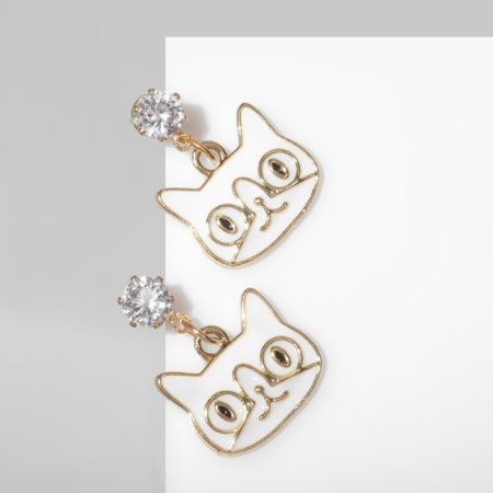 Emall earrings "cats" cartoon, black and white color in gold