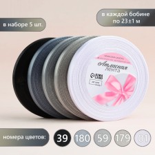 A set of satin ribbons, 5 pcs, size 1 tape: 10 mm × 23 ± 1 m, color gray spectrum