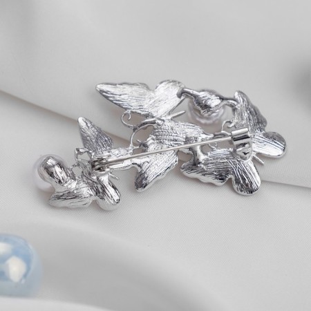 Brooch "Butterflies" trio with pearls, white color in silver-2