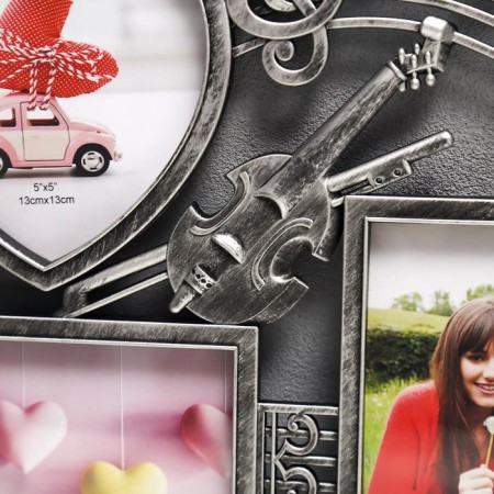 Photo frame plastic in 3 photos 10x15, 13x13 cm "Violin and notes" silver 34x32 cm-1