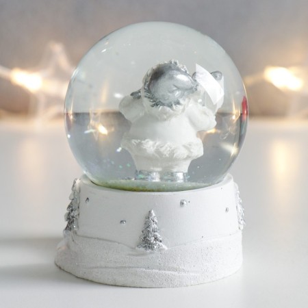 Souvenir Polystone Water Ball "Santa Claus with a gift" White with silver 7x6.7x8.8 cm-2