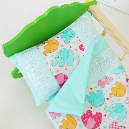 Bed linen for dolls "Elephants", sheet, blanket, pillow-3