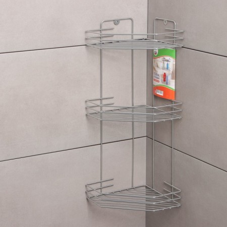 The bathroom shelf is an angular 3-tier, 20.5 × 20.5 × 52 cm, color chromium-3