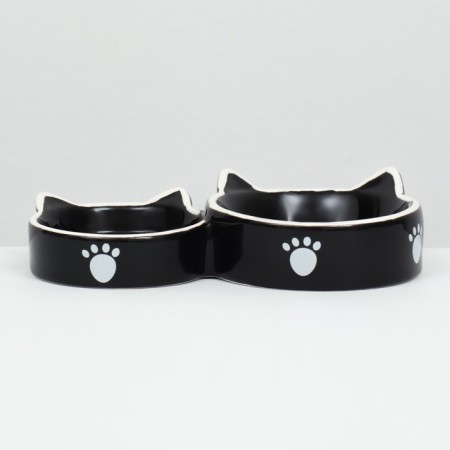 Ceramic bowl “cat family” 40/60 ml double 19 x 10.5 x 3.5 cm, black and white-2