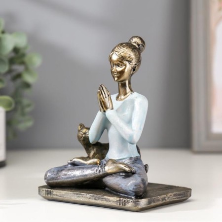 Polystone souvenir "Girl in the Lotus pose, with the cat" Blue 14x11x7.8 cm-2