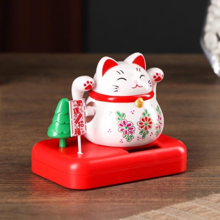 Plastic pendulum from the solar battery "Cat Mani-Neko with flowers" White 8x10x6 cm-1