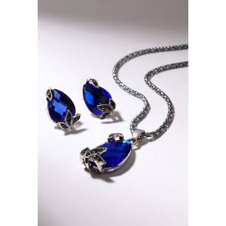 Set 2 objects: earrings, pendant "jacqueline" sheet, blue color in black silver, 45 cm-2