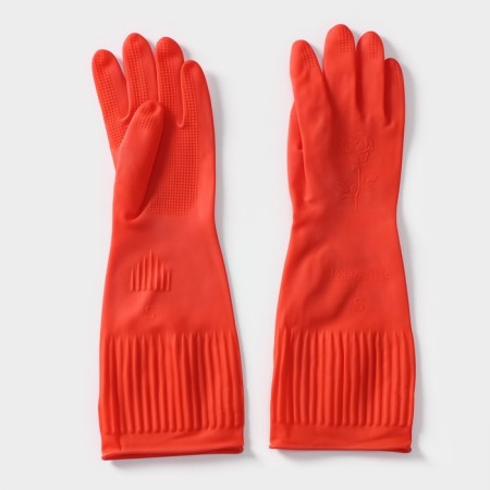 Gloves of household latex shares, size S, long cuffs, red color-4