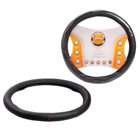 Braid on the steering wheel, eco -leather, with rhombus embossing, black, red firmware, 38 cm/m-1