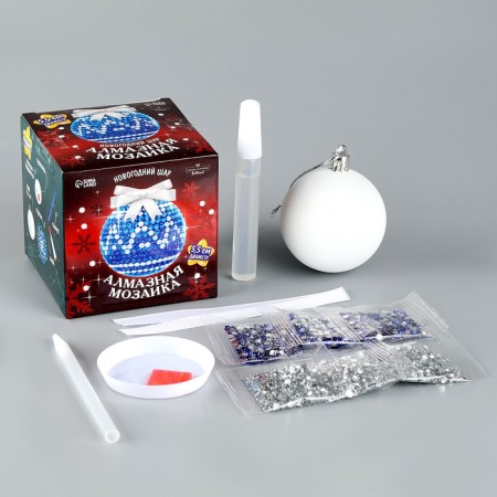 Diamond mosaic for the New Year for children "New Year's ball", blue, silver, New Year's set for creativity-1